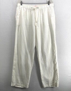 ST. TROPEZ Pants L 100% Linen Woven Lounge Full Length Straight Drawstring White